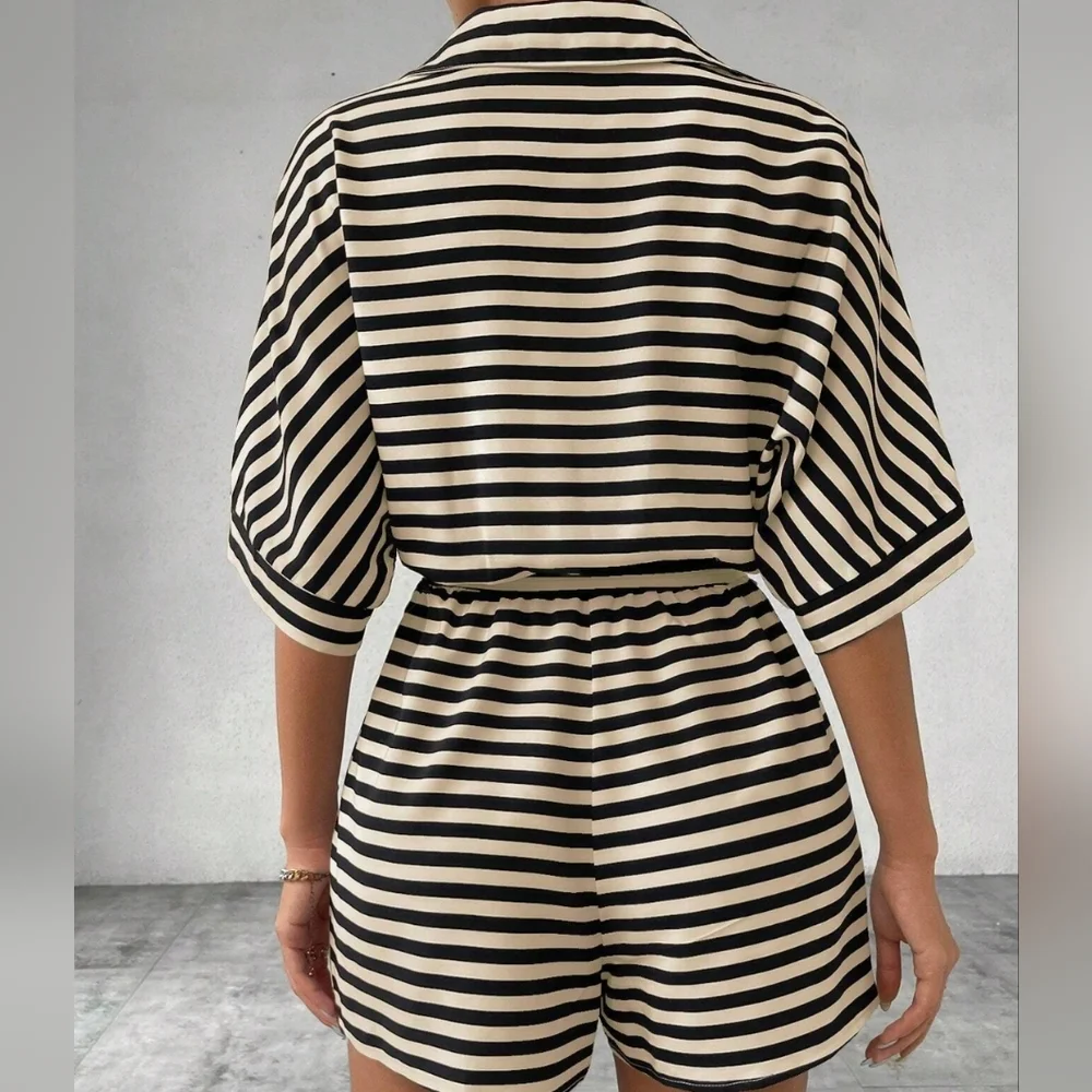 Tan Striped Tie Waist Romper - Picture 4 of 8